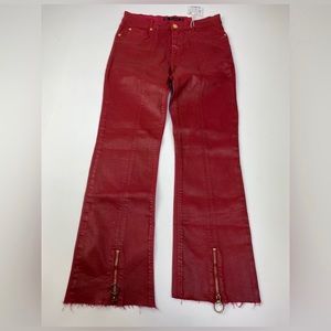 Zara Trafaluc Denim Red Faux Leather Gold Zipper Leg Pants